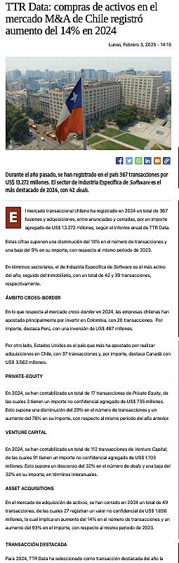 TTR Data: compras de activos en el mercado M&A de Chile registr� aumento del 14% en 2024